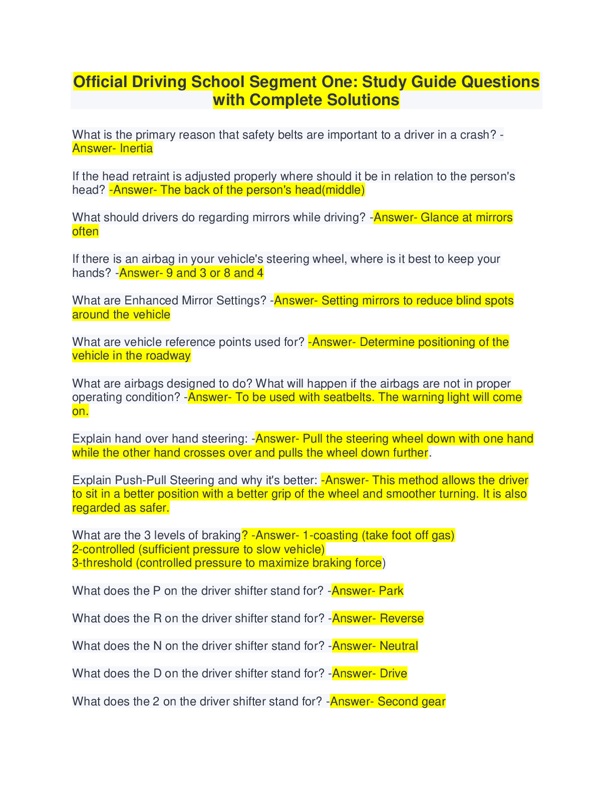 Preview image for Official Driving School Segment One: Study Guide Questions with Complete Solutions